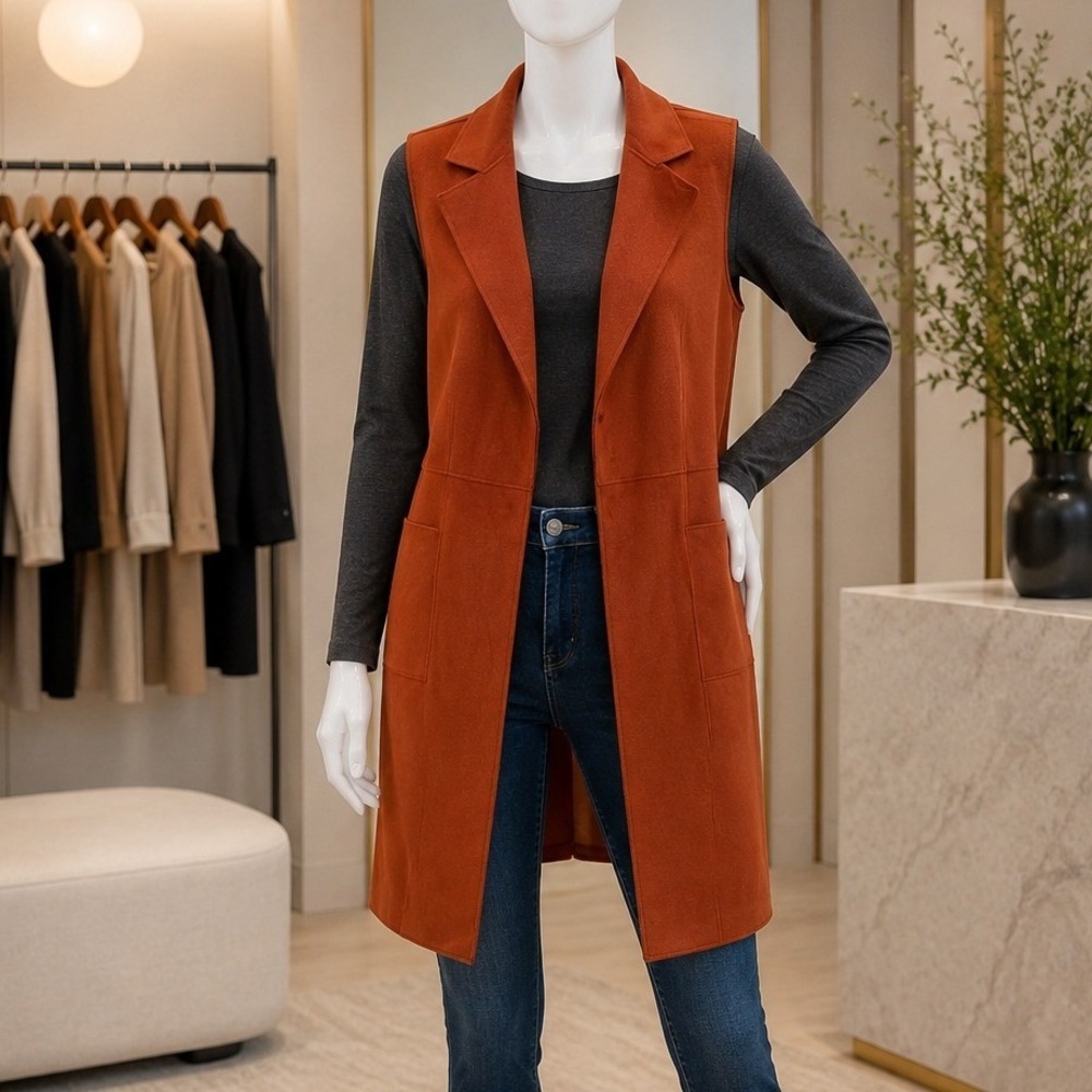 Joan Vass Womens Vest Faux Suede Longline Open Front Duster Rust Orange Medium